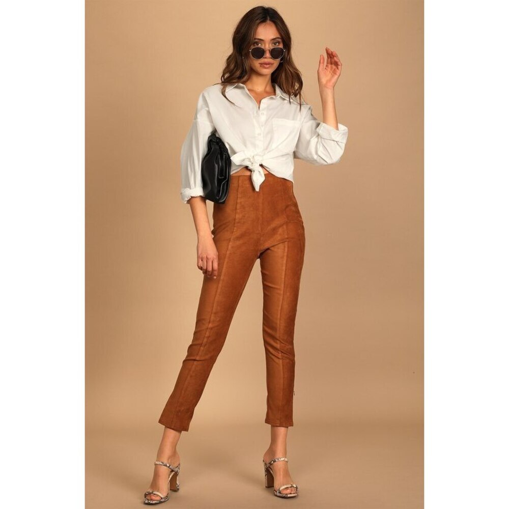 Lulus Dear Friends Camel Vegan Suede High Waisted Pants Brown - Size S